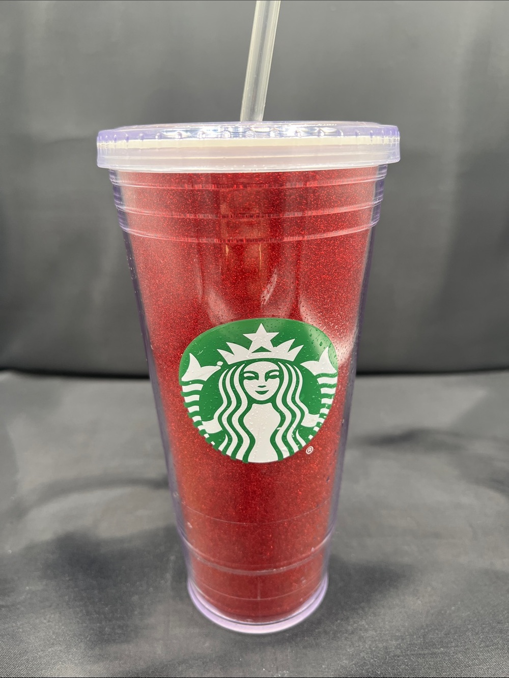 Starbucks Red Glitter Tumbler with Green Logo and Purple Lid